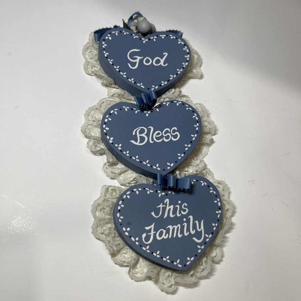 wall plaque heart wooden sign God Bless This Family Painted Cottage Core Lace